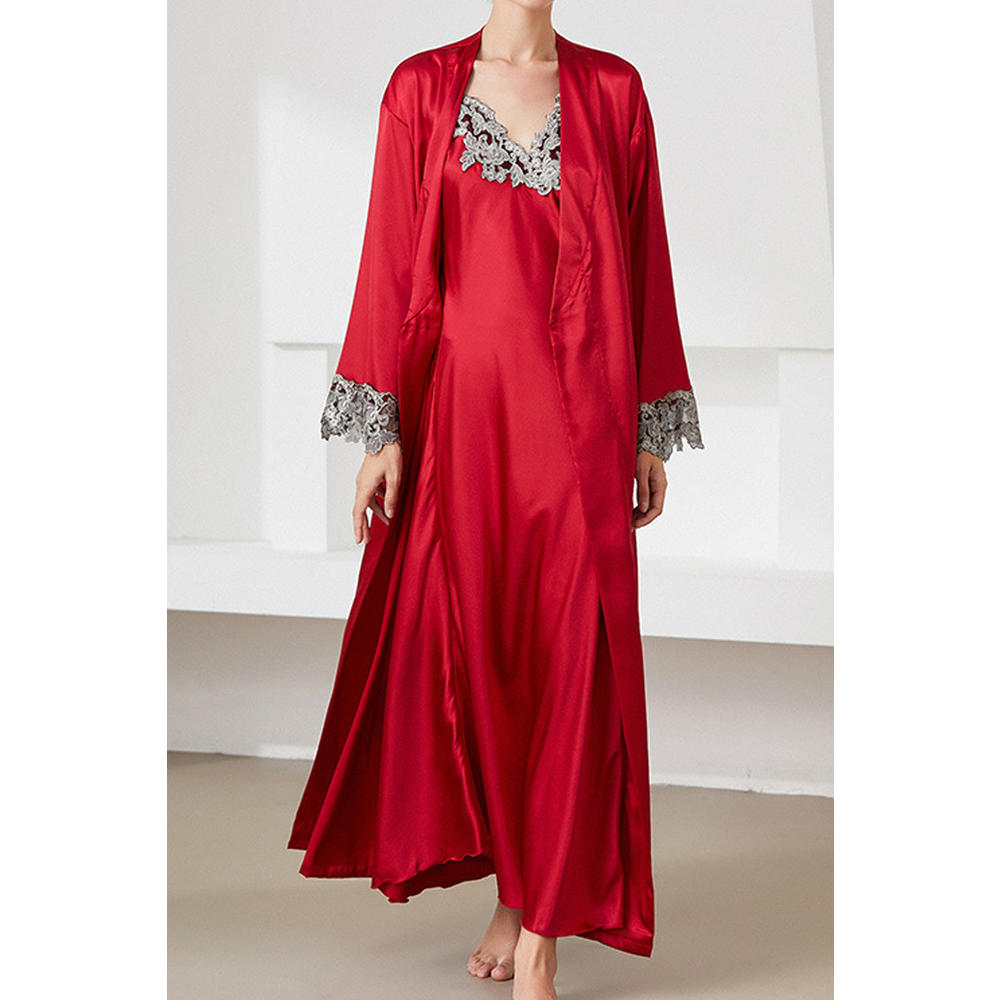 Jhon Peters Women Two-Piece Long Sleeve Pretty Solid Colored Long Length Soft Silk Sleeping Dress