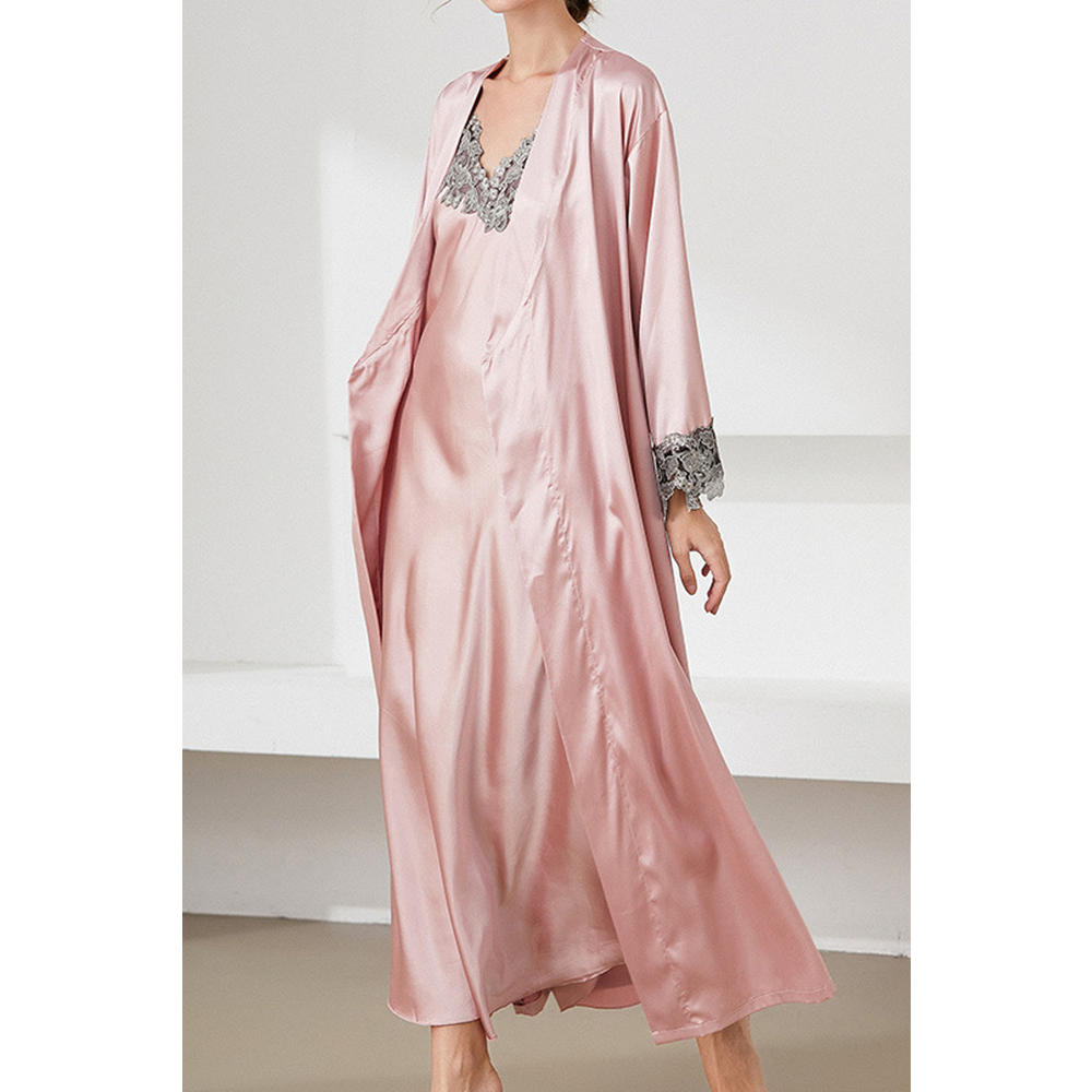 Jhon Peters Women Two-Piece Long Sleeve Pretty Solid Colored Long Length Soft Silk Sleeping Dress