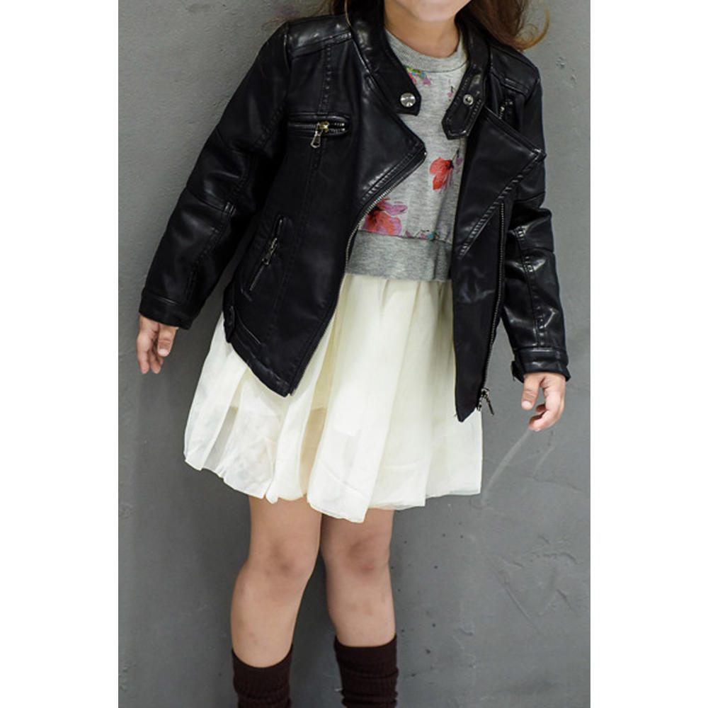 Jhon Peters Kid Girl Striking Stand Up Collar Front Zipper Welt Pocket & Fastener Cuff Winter Leather Jacket