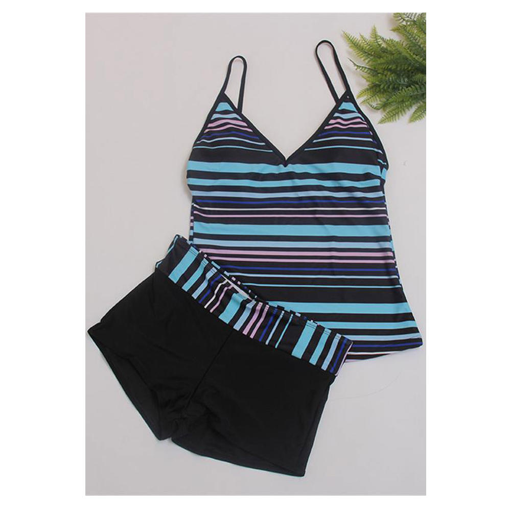 Jhon Peters Women Printed Striped Split Flat Angle Tankini 2 pieces Swimsuit