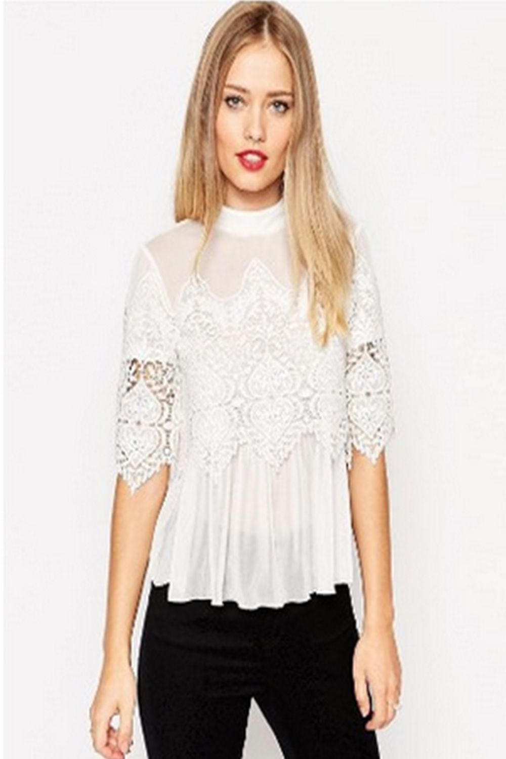Jhon Peters Women Designing Bust High Neck Lace Top White