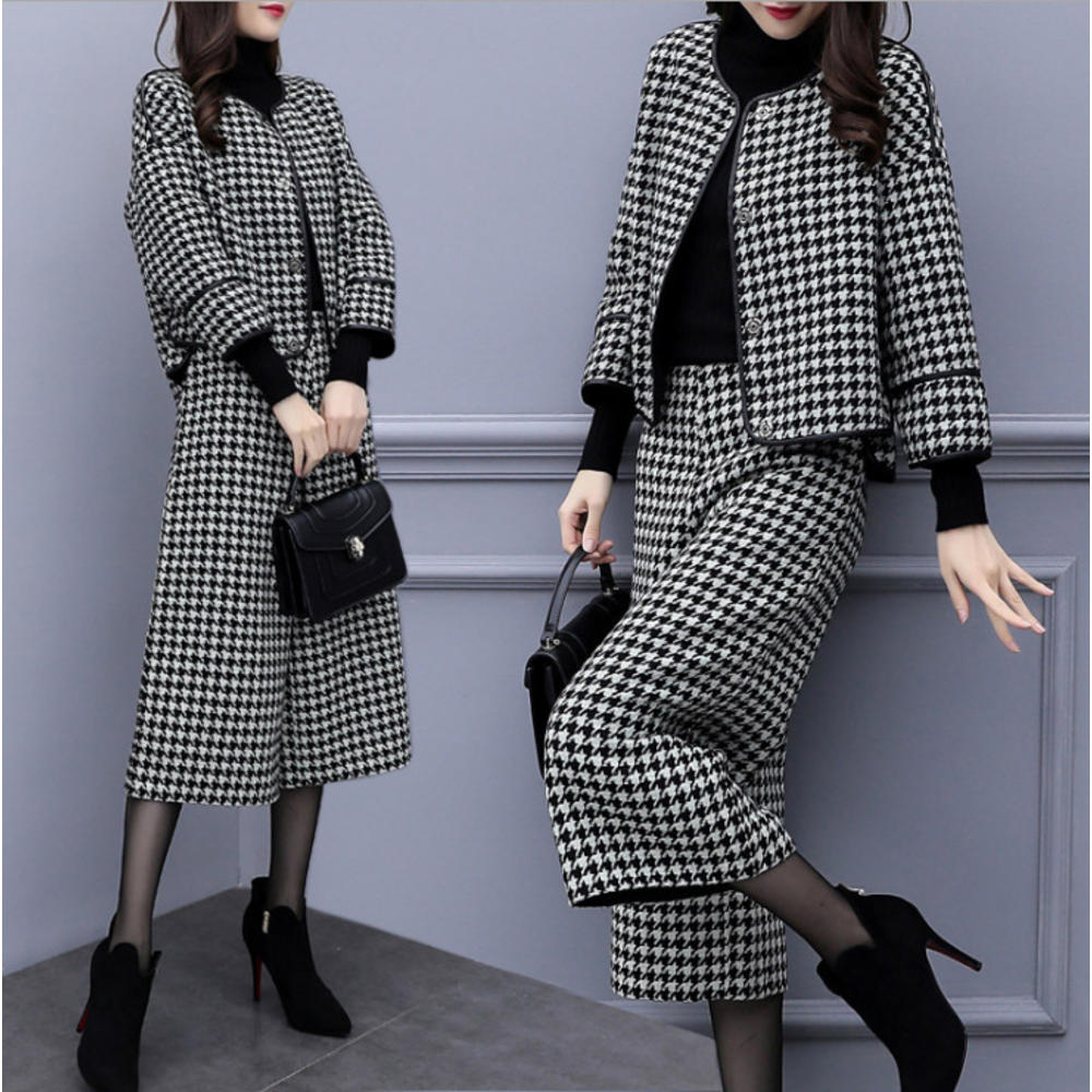 TOMCARRY Women Stylish Pockets Plaid Two Piece Skirt Suit