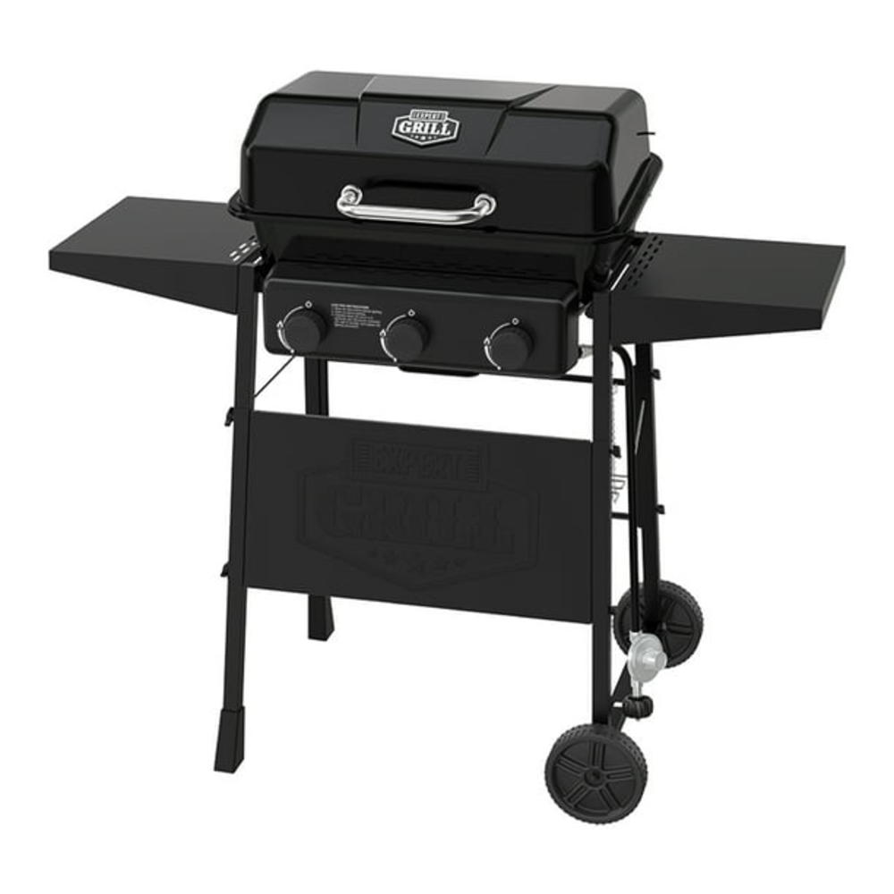 BACKYARD MASTERS Expert Grill 3 Burner 30,000 BTU Gas Grill with Side Shelves, Black with SS Heavy Duty 4 Piece Grill Set