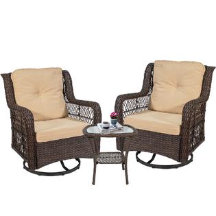 Odaof 3pcs 3 Piece Rocking Bistro Set Wicker Patio Outdoor Furniture 2 Rattan Swivel Rocking Cushioned Chairs With Glass Coffee Table
