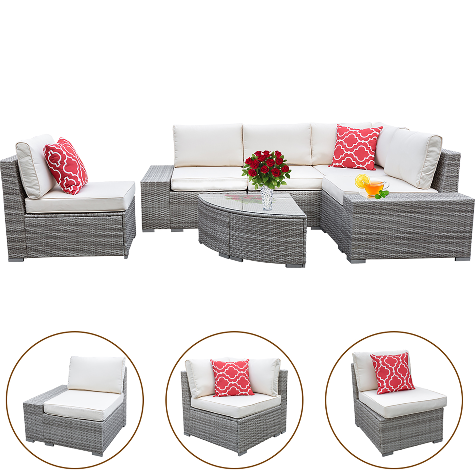 Odaof 6pcs 42flatgray 6 Piece Outdoor Patio Furniture Set Pe Rattan Wicker Patio Sofa Set Outdoor Sectional Furniture With Throw Pillows Cushions Tem