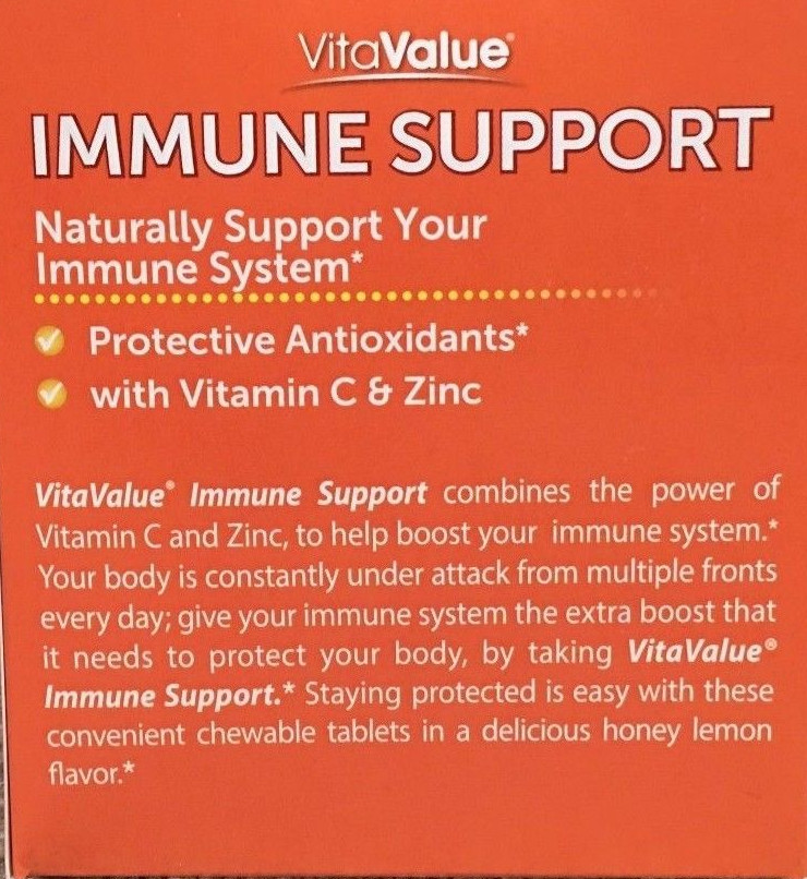 Vita Value Immune Support Extra Strength 30 Chewable Tablets Honey Lemon Flavor