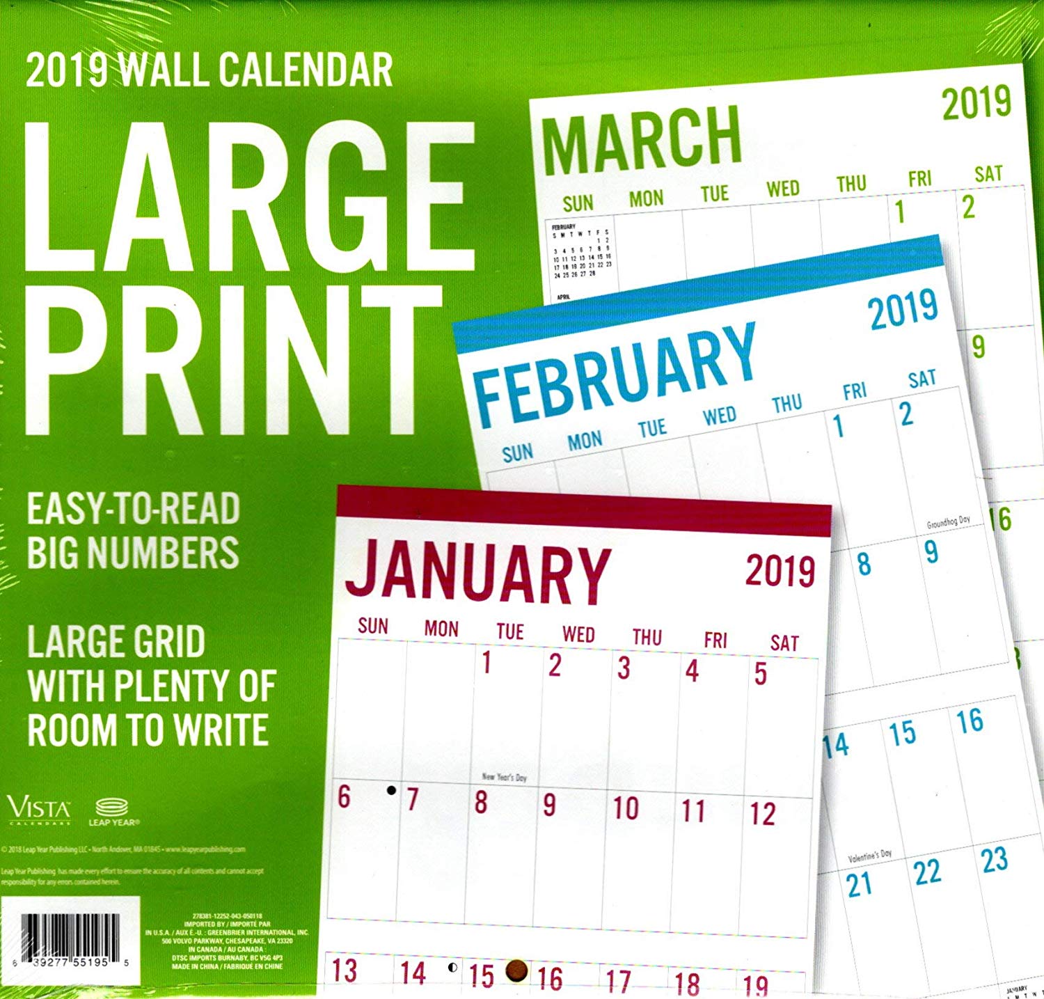 Ni2384 Vista Large Print 12 Month 2019 Wall Calendar Big Blocks Easy To Read Green 120 Stickers 3