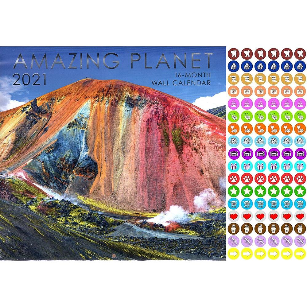 PAPER CRAFT 2021 16 Month Wall Calendar - Amazing Planet - with 100 Reminder Stickers
