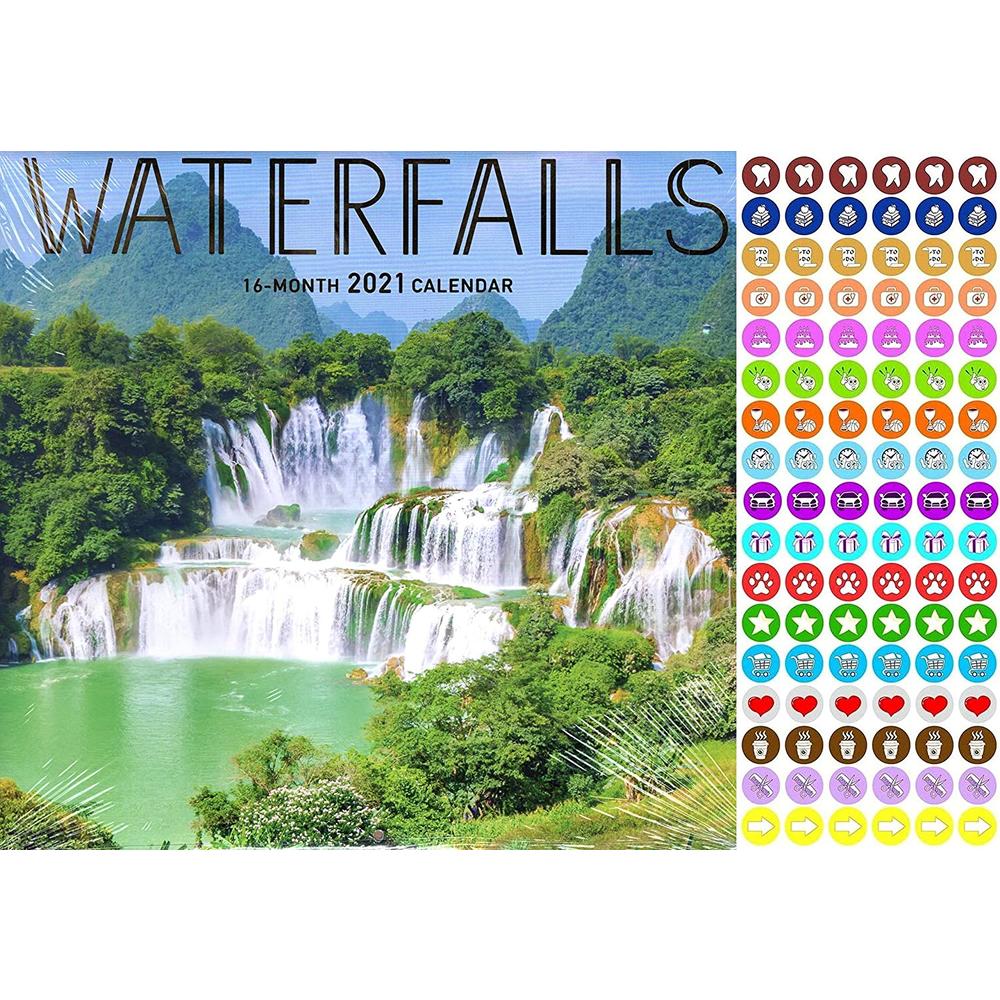 PAPER CRAFT 2021 16 Month Wall Calendar - Waterfalls - with 100 Reminder Stickers