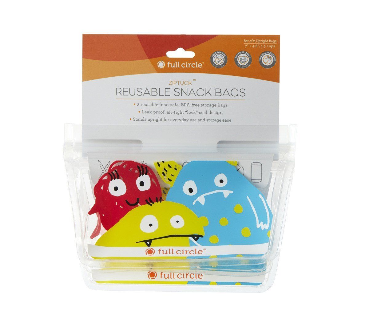Full Circle ZipTuck Kids Reusable Snack Bags - Monster / Set of 2