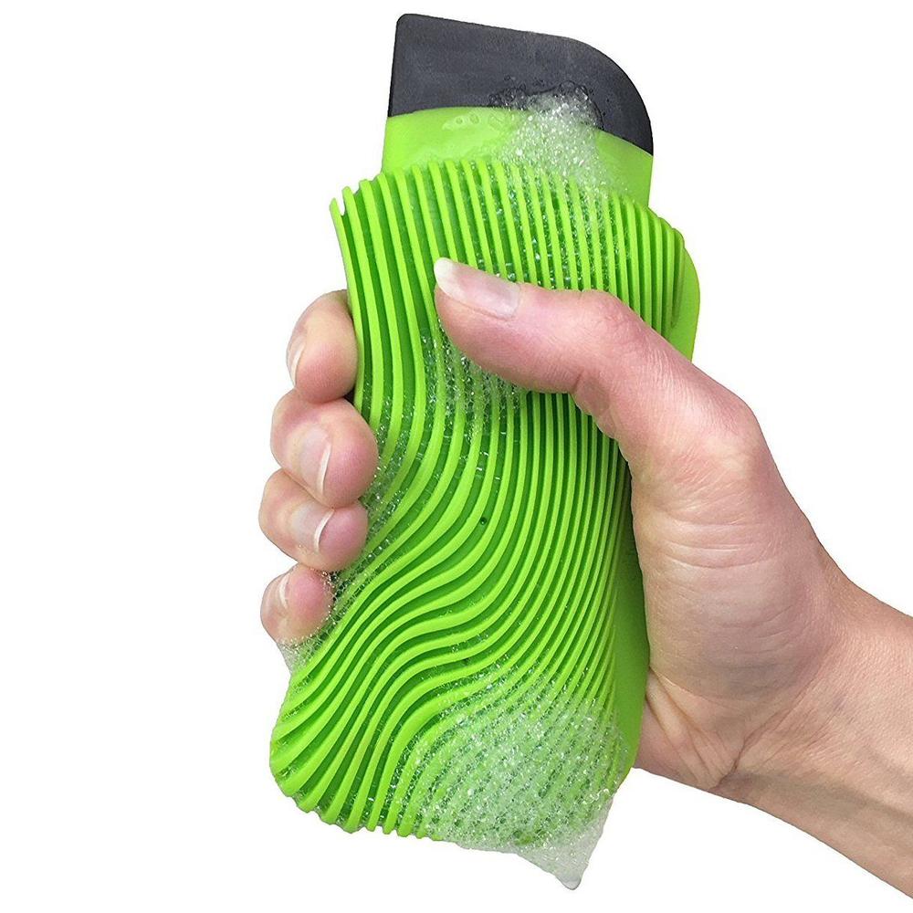FusionBrands WaveSponge Silicone Scrub Sponge with Squeegee / Scraper - Green