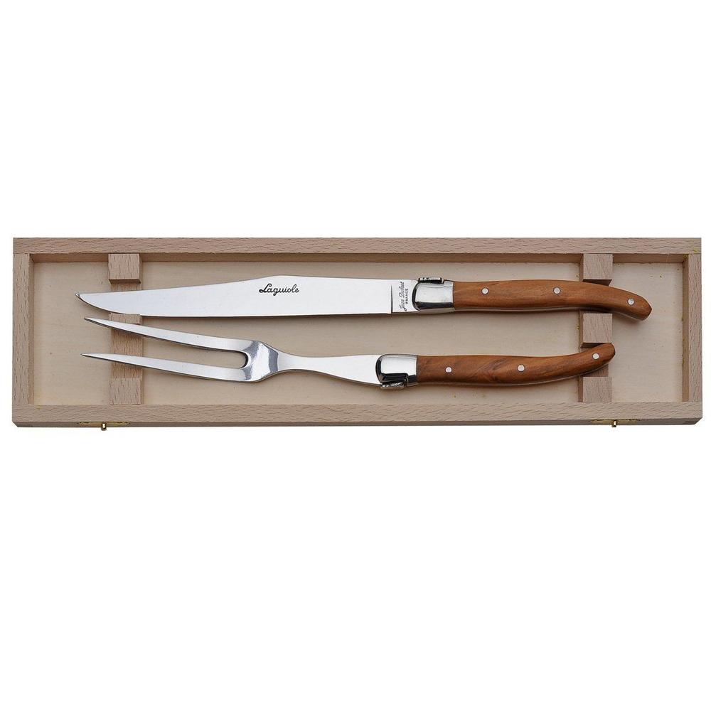 Jean Dubost Laguiole Olive Wood 2pc Carving Knife & Fork Set