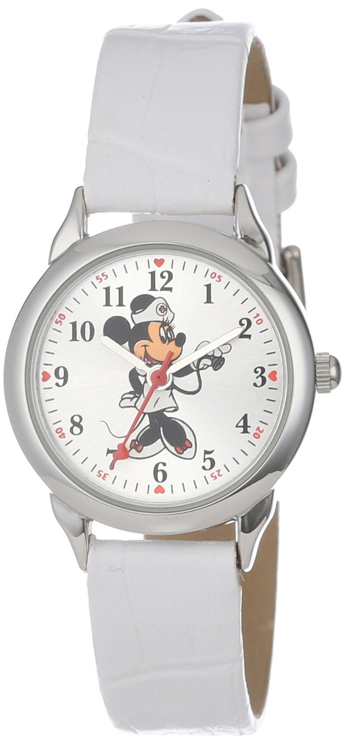Disney Nurse Minnie Watch #MCK308 Minnie On White Dial WIth White Leather Strap