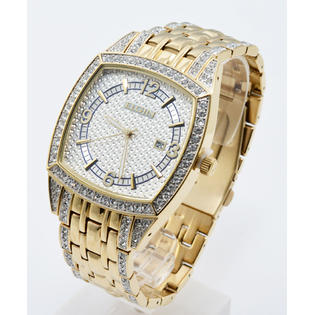 New Elgin Men`s Gold-Tone Date Crystal Band Rectangle Quartz