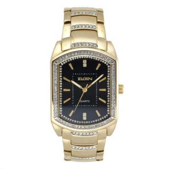 Elgin Mens Gold-Tone &amp; Crystal-Accent Rectangular Watch FG8079