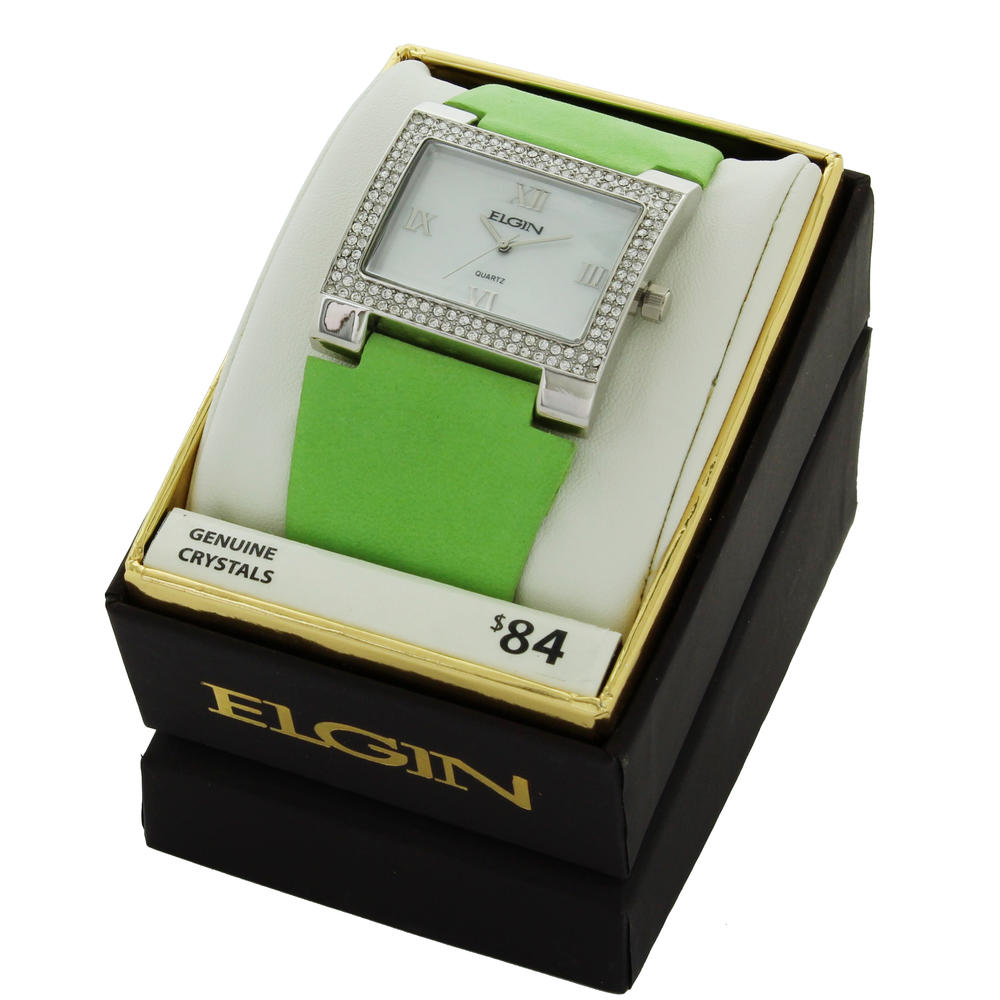 Elgin Women's Stone Case White Dial with Lime Green Leather Strap EG275ST-3