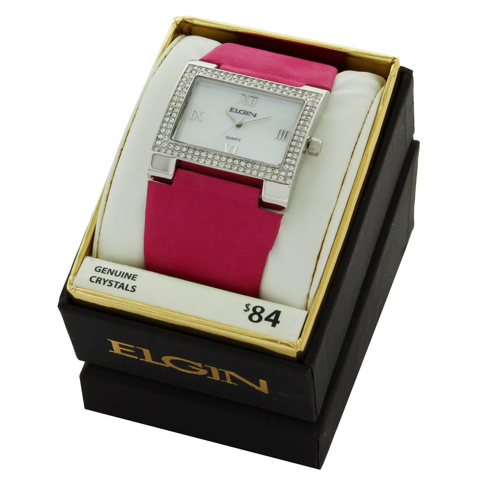 Elgin Women's Stone Case White Dial with Hot Pink Leather Strap EG275ST-1