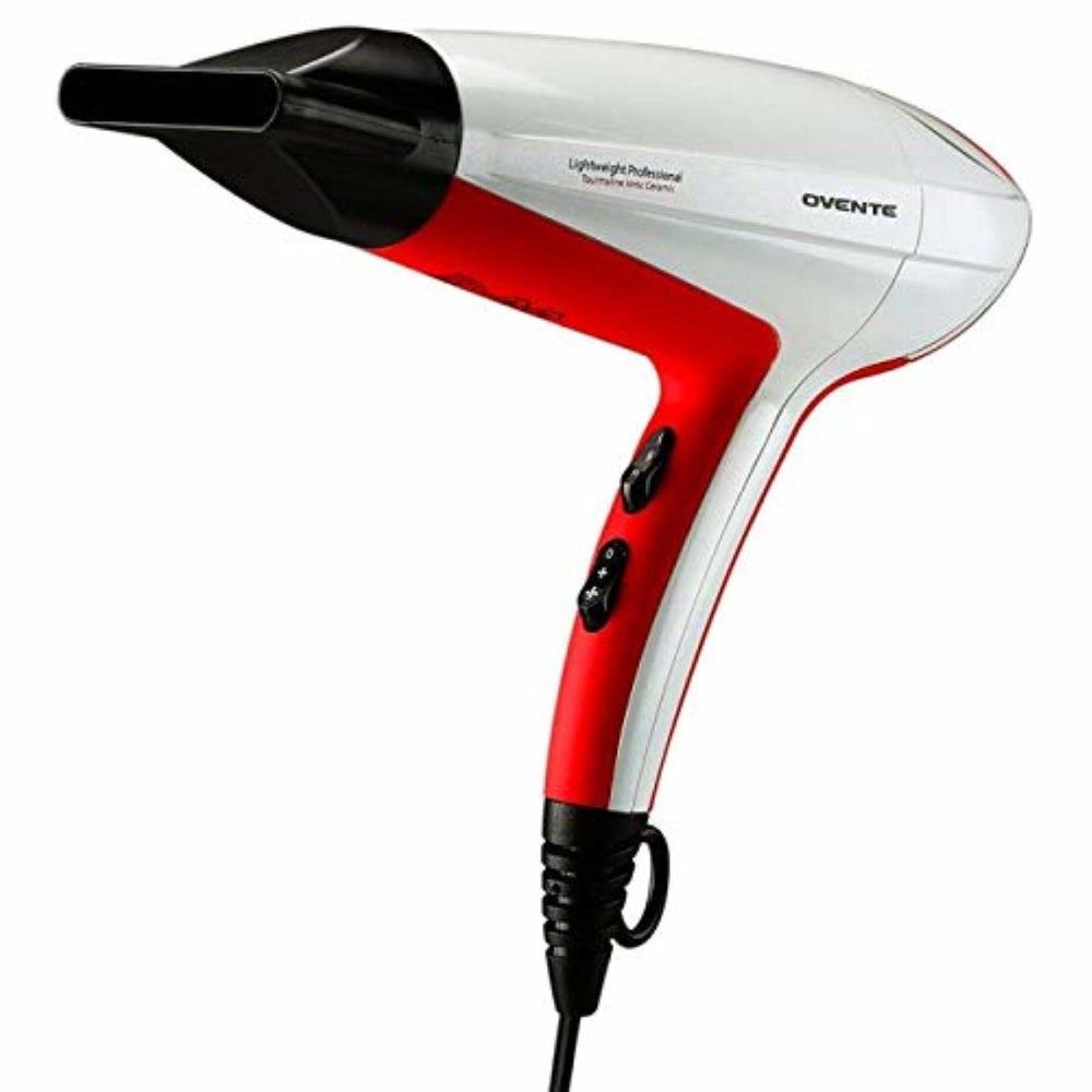 Ovente Lightweight Hair Dryer 1875 Watts w/ Ionic & Tourmaline Power, Concentrator Air Nozzle with Filter White & Red X2210W