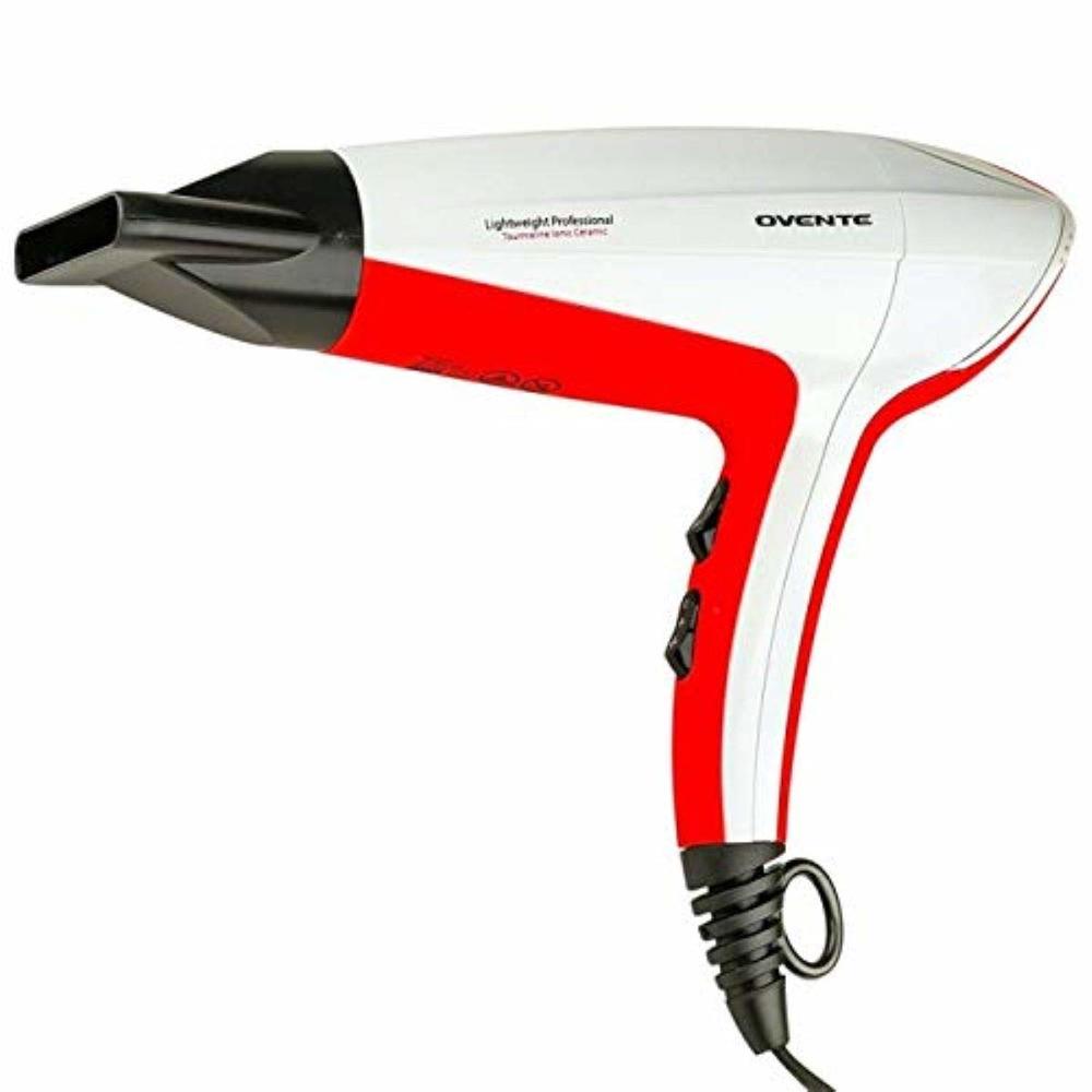 Ovente Lightweight Hair Dryer 1875 Watts w/ Ionic & Tourmaline Power, Concentrator Air Nozzle with Filter White & Red X2210W