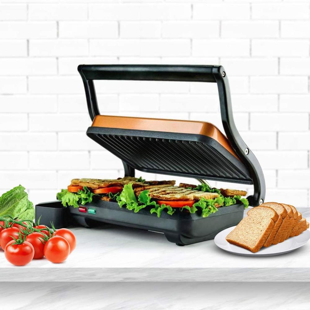 Ovente Electric Indoor Panini Press Grill with Non-Stick Double Flat Cooking Plate & Removable Drip Tray Copper GP0620CO