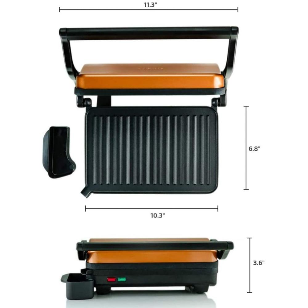 Ovente Electric Indoor Panini Press Grill with Non-Stick Double Flat Cooking Plate & Removable Drip Tray Copper GP0620CO