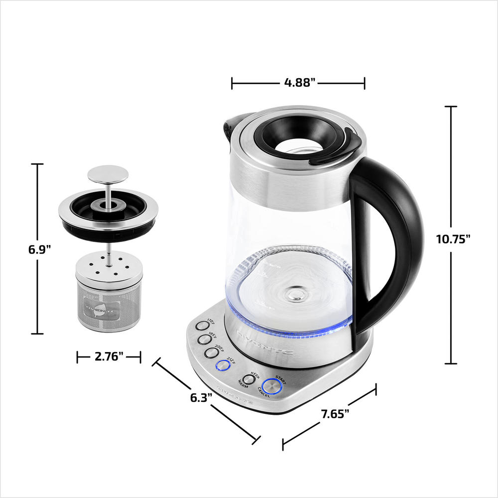 Ovente Electric Glass Kettle 1.7 Liter Prontofill Technology & 4 Variable Temperature Setting, Portable 1500 Watt, Silver KG733S
