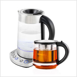 Ovente Electric Glass Kettle 1.7 Liter Prontofill Technology, Stainless Steel with Teapot, Silver KG733SFGK27B