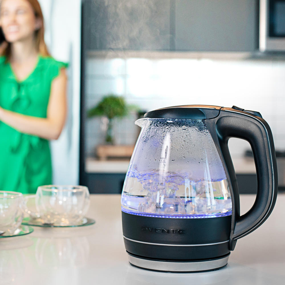 Ovente Portable Electric Glass Kettle 1.5 Liter with Blue LED Light, Fast Heating Tea Maker Hot Water Boiler, Black KG83B