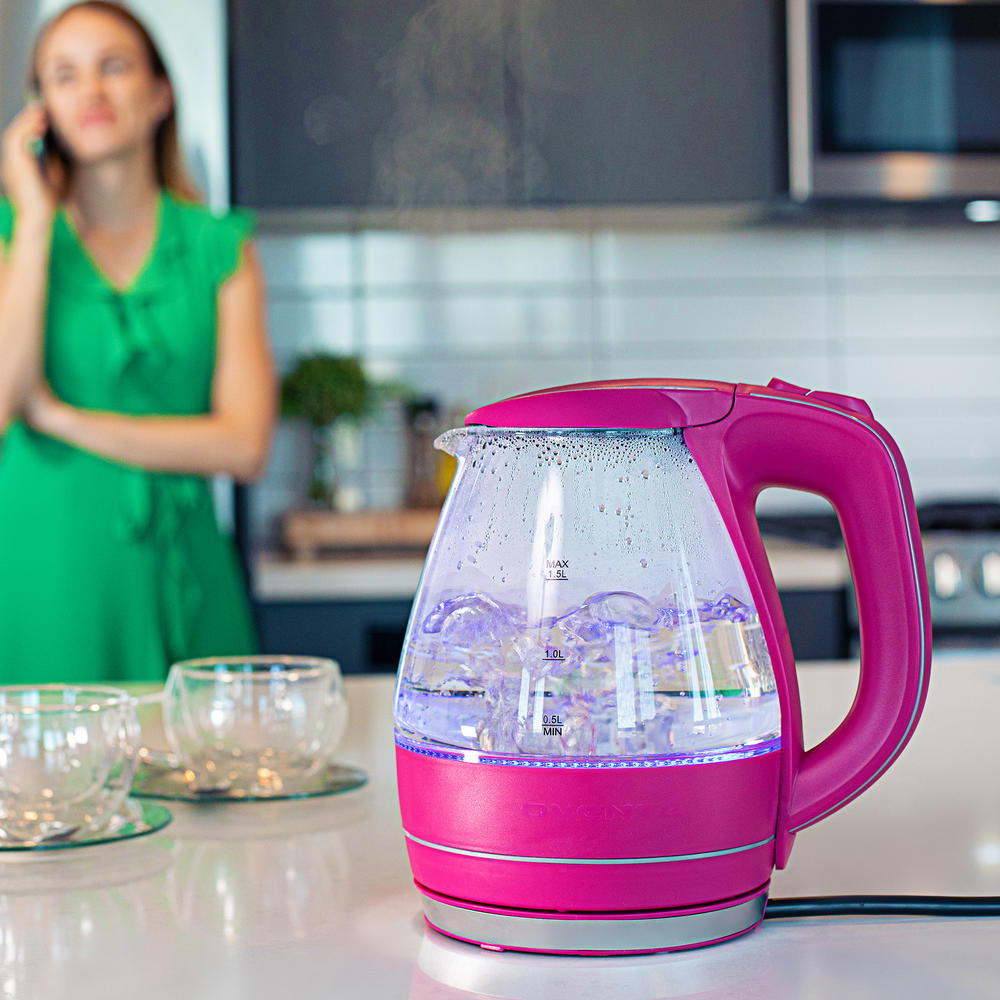 Ovente Portable Electric Glass Kettle 1.5 Liter with Blue LED Light and Stainless Steel Base, Fast Heating Countertop Pink KG83F