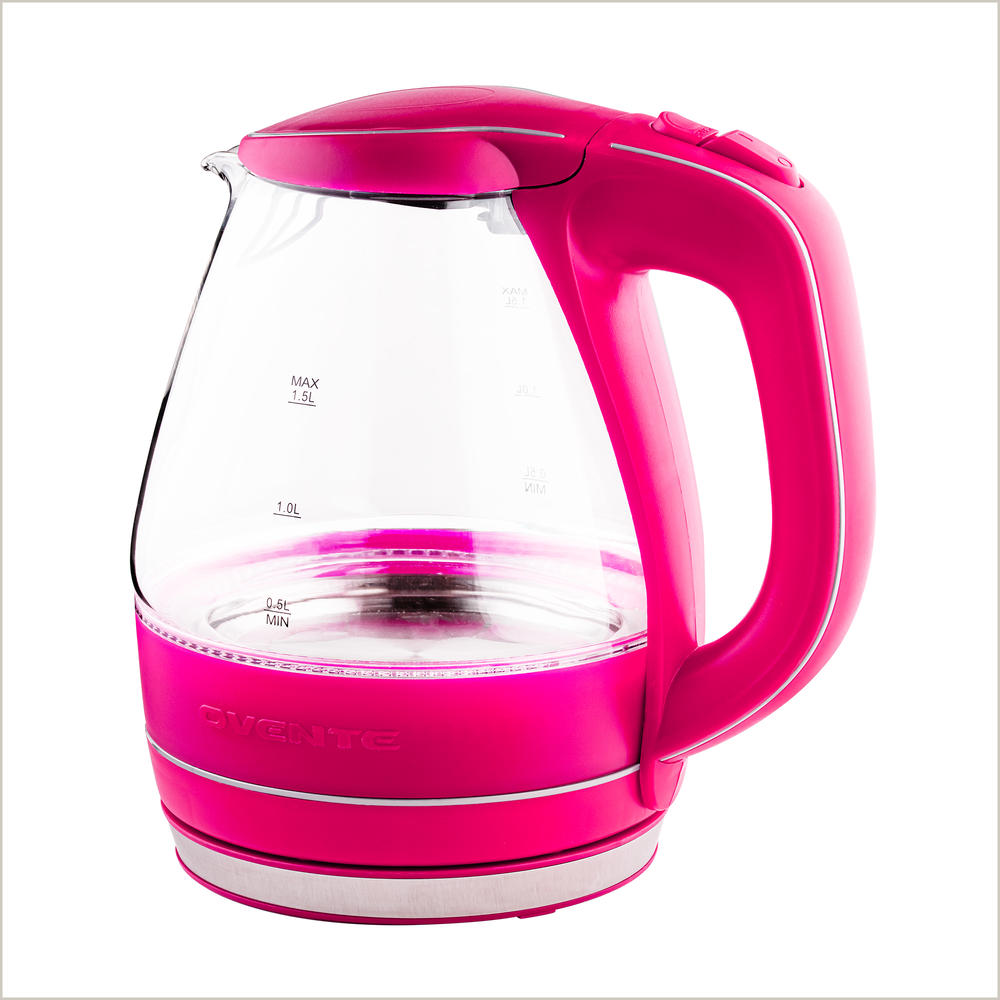 Ovente Portable Electric Glass Kettle 1.5 Liter with Blue LED Light and Stainless Steel Base, Fast Heating Countertop Pink KG83F
