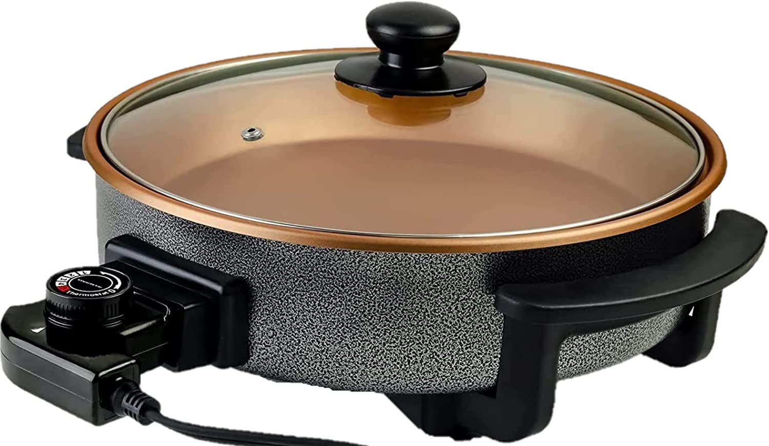 Copper Interior Temperature Controller 1400-Watts Ovente SK11112CO Electric Skillet with Non-Stick Aluminum Body Cool-Touch Handles Tempered Glass Cover 12 Inch