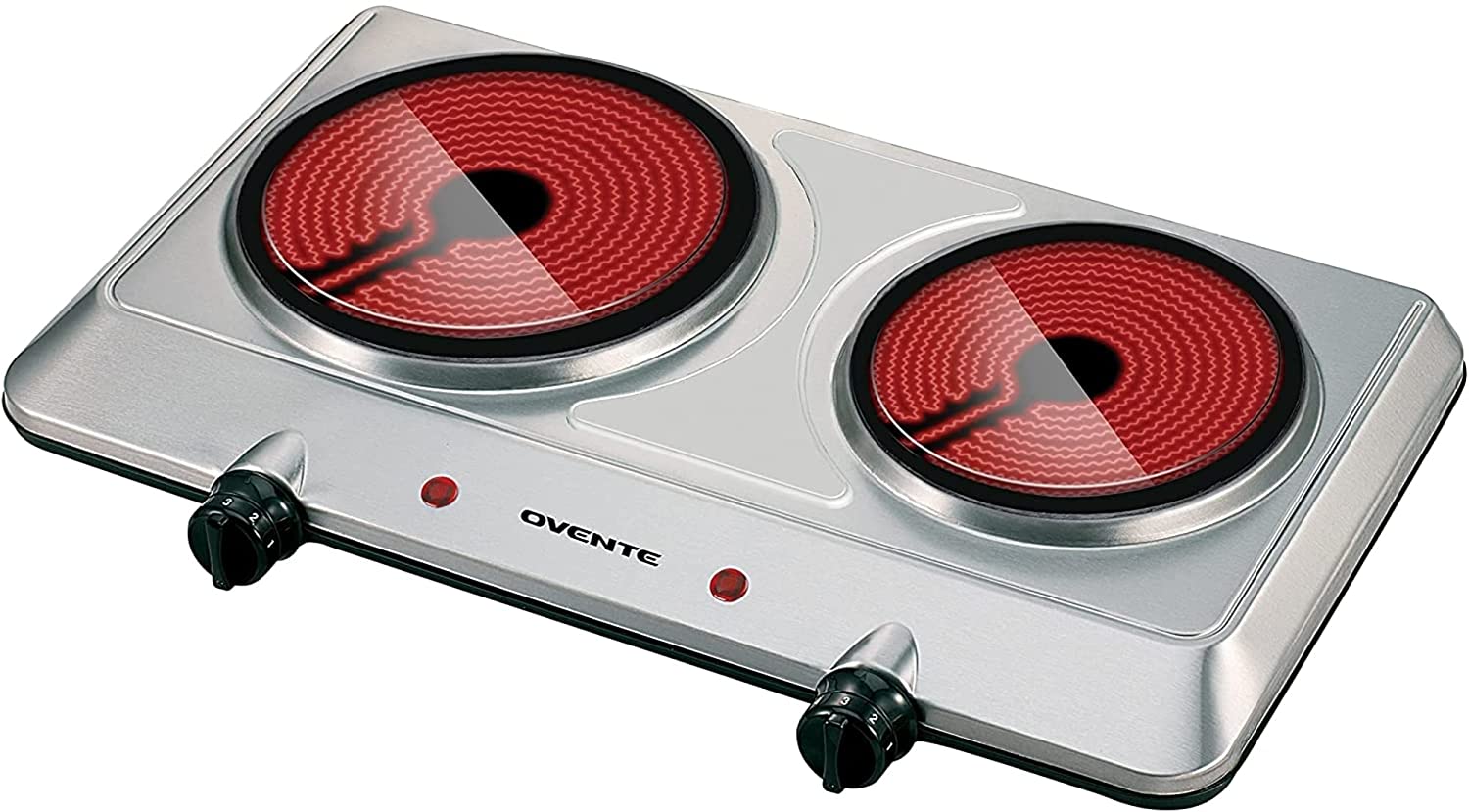 Ovente 1500W Double Hot Plate Electric Countertop Infrared Stove 7.5 Inch  Dual 6 Level Temperature Easy Clean Silver BGI202S