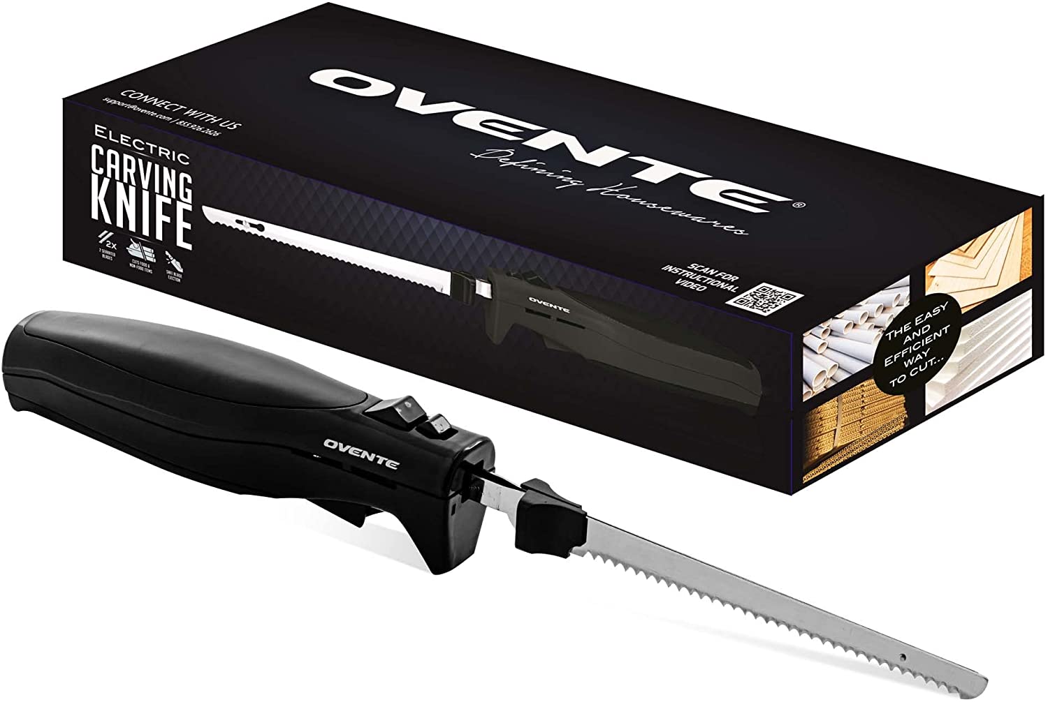 Ovente Easy Slice Automatic Electric Knife with Stainless Steel Sharp Blade & Safe Eject Button Black EK4510BB