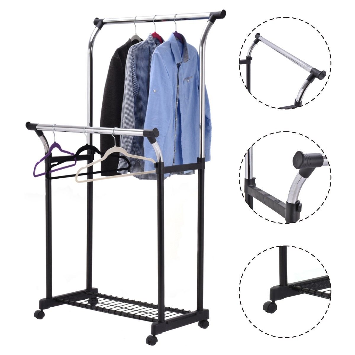 Goplus Double Rail Adjustable Garment Rack Rolling Clothes Hanger W Shoe Portable