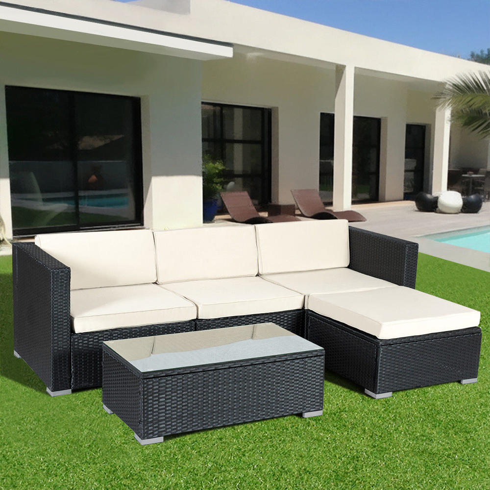 Goplus 5 PCS Patio Furniture Set Rattan Wicker Table Shelf Garden Sofa