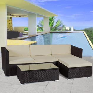Goplus Hw56462 5 Pcs Patio Furniture Set Rattan Wicker Table Shelf Garden Sofa W Cushion Brown