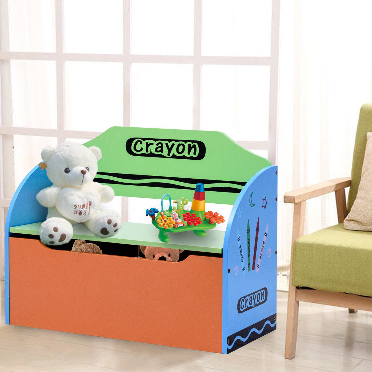 Children S Furniture Storage Toy Padded Kids Box Bench Seat Safari