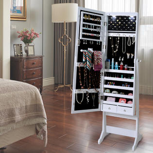 Costway Lockable Mirrored Jewelry Cabinet Armoire Organizer Storage W Stand Led Lights