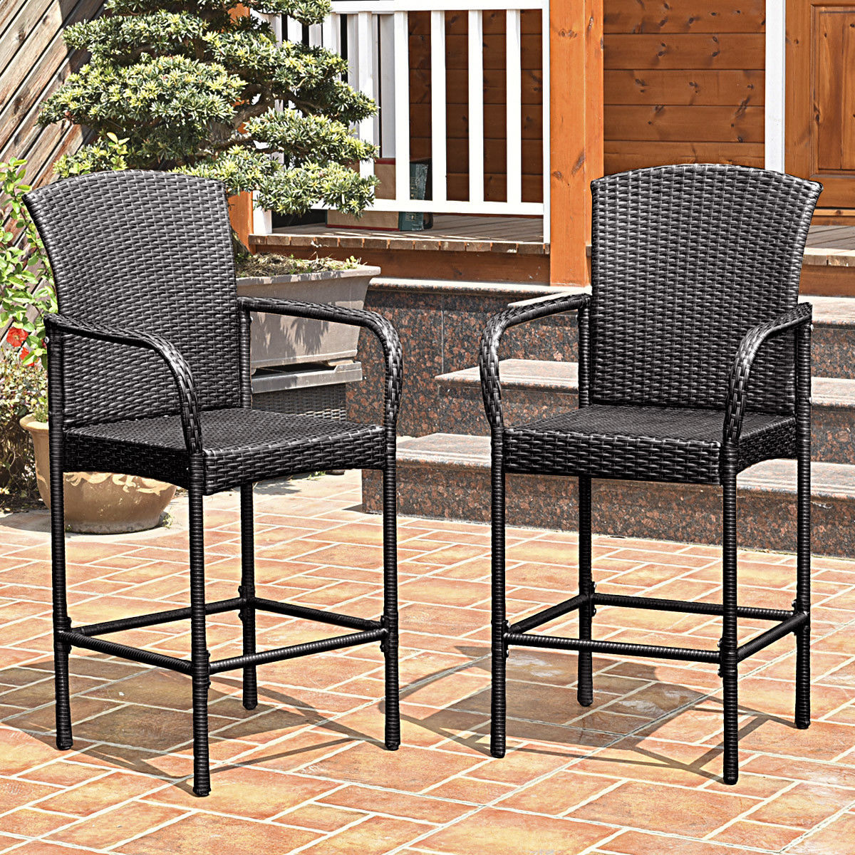 2PCS Rattan Wicker Bar Stool Patio Furniture Chair with Armrest Outdoor Indoor
