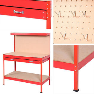 Goplus Red Work Bench Tool Storage Steel Tool Workshop Table W/ Drawer ...