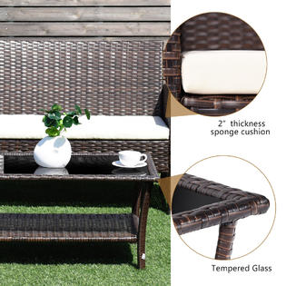 Goplus Hw57026 4 Pcs Outdoor Patio Rattan Furniture Set Wicker Sofa Table Shelf Cushion