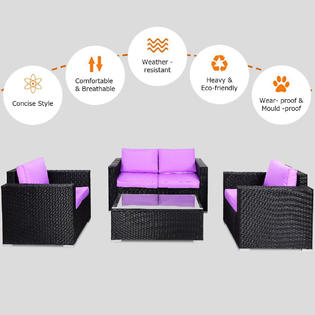 Goplus Hw58539pu 4pc Rattan Patio Furniture Set Outdoor Wicker With Purple Cushion