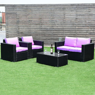 Goplus Hw58539pu 4pc Rattan Patio Furniture Set Outdoor Wicker With Purple Cushion