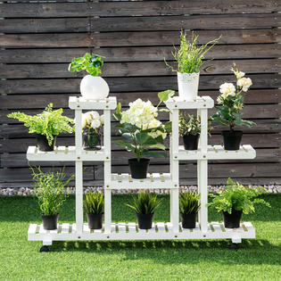 Goplus Gt3273 4 Tier Rolling Flower Rack Wood Plant Stand Casters 12 Pots Bonsai Display Shelf