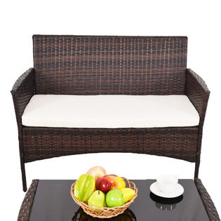 Goplus Hw54777be 4 Pcs Outdoor Patio Rattan Furniture Set Table Shelf Sofa W Beige Cushions New