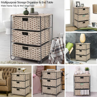 Goplus Drawer Storage Unit 3 Rattan Wicker Baskets Bin Chest Tower