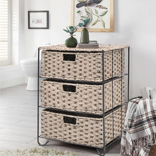 Goplus Drawer Storage Unit 3 Rattan Wicker Baskets Bin Chest Tower