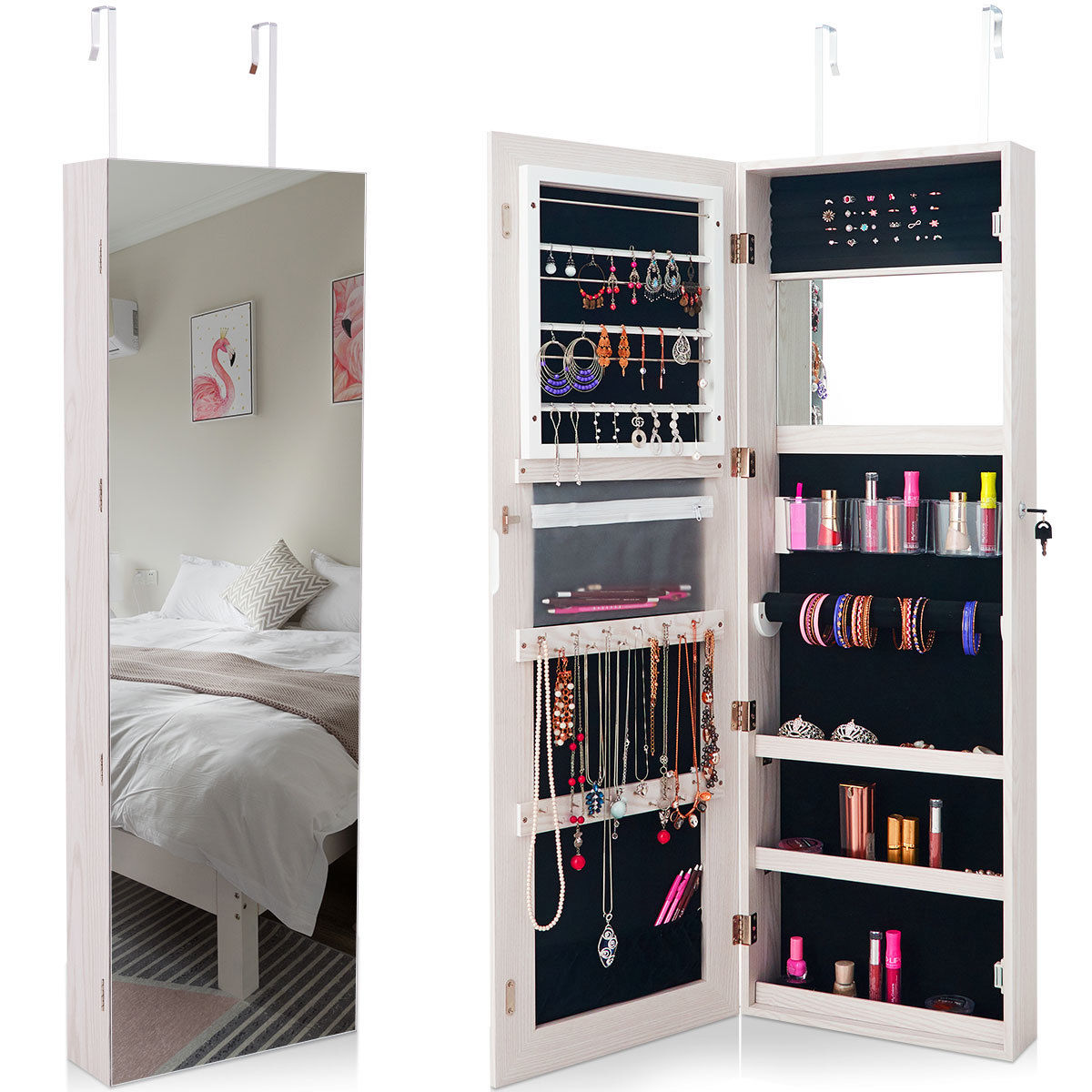 Goplus Wall&Door Mounted Jewelry Cabinet Lockable Storage Organizer w/ Frameless Mirror