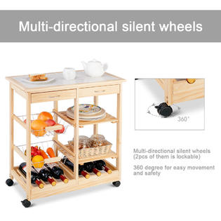 Goplus Rolling Wood Kitchen Trolley Cart Island Shelf W Storage