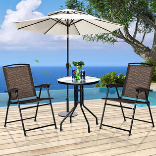 Goplus Op3684 3pc Bistro Patio Garden Furniture Set 2 Folding Chairs Glass Table Top Steel New